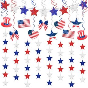 38 Pcs 4th of July Hanging Decorations Glitter Stars Banner Watercolor Patriotic Hanging Swirl Streamers Red White Blue Star Garlands for Independence Day Memorial Day Retro Decor Supplies