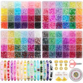 3524pcs Glass Beads Bracelet Making Kit, 4 Types 96 Colors 6mm Glass Beads for Bracelets, Round Crystal Beads for Jewelry Making Necklace Earrings DIY Crafts