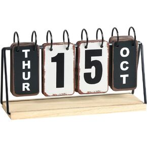 Metal Flip Calendar with Wooden Base, Daily Perpetual Desk Calendar with Large Display, Modern Farmhouse Desktop Calendar for Home Office Decor, Reusable and Foldable