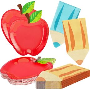 OuMuaMua 50Pcs Back to School Red Apple Paper Plates Pencil Napkins First Day of School Party Supplies Disposable Tableware Set for Graduation Kindergarten Preschool Party Table Decor Serve 25
