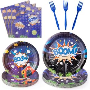 Dog Paw Party Supplies - 96PCS Cartoon Dog Happy Birthday Party Plates Napkins Forks Disposable Tableware Set Birthday Parties Table Dinnerware Baby Shower Parties Plates Serve 24 Guests