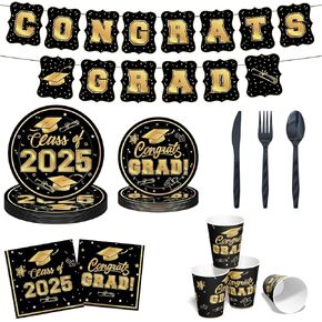 2025 Graduation Plates and Napkins Set Party Supplies Decorations, 169 Pcs Disposable Congrats Grad Paper Tableware Serves 24, Include Plates, Napkins, Cup, Knives, Forks, Spoons