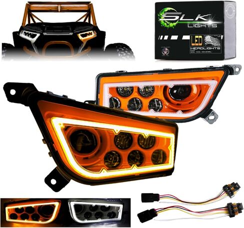 SLK-Lights PREMIUM RED Razor RZR LED Headlight Halo Turn Signal Kit Street Legal (يناسب: 2015-2021) (أحمر مزدوج اللون SwitchBack Halo أبيض / كهرمان) in Kuwait