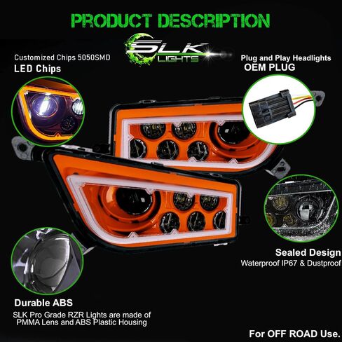 SLK-Lights PREMIUM RED Razor RZR LED Headlight Halo Turn Signal Kit Street Legal (يناسب: 2015-2021) (أحمر مزدوج اللون SwitchBack Halo أبيض / كهرمان) in Kuwait