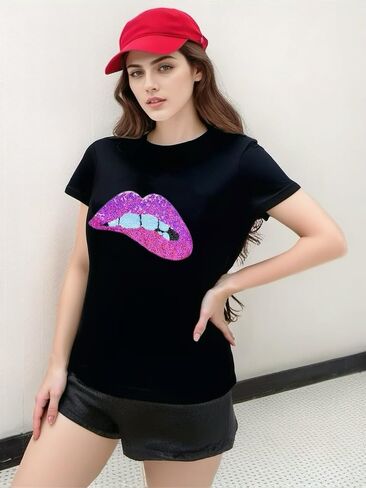 Lips Iron on Patches Large Sequin Lip Patches for Jacket & Clothing Appliques (Pink) in Saudi Arabia