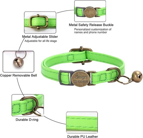 Cat Collar Breakaway, Personalized Leather Cat Collar with Bells-Adjustable Customized Collar with Name & Phone Number Tag for Girl Boy Cats-Quick Release Buckle for Cats & Kittens(Teal) in Kuwait