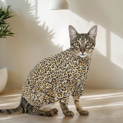 Sphynx Cat Sweater Leopard Hairless Cat Clothes Sweater Shirt Soft Warm Long Sleeves Pullover Pet Clothes Pajamas Dog Cloth for Small Dogs Jumpsuit Pet Sweaters (Leopard, Small) in Kuwait