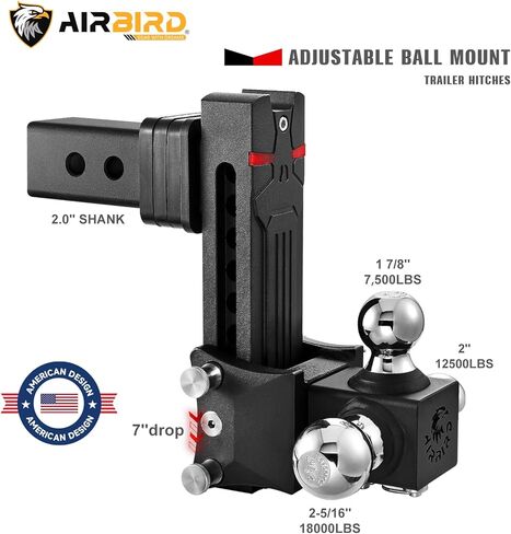 حامل كرة وصلة مقطورة قابل للتعديل من Airbird مع كرة ثلاثية 1-7/8 و2 بوصة و2-5/16 بوصة، قطرة 5 بوصة، تناسب فقط جهاز استقبال وصلة ربط 2.5 بوصة، 20,000 رطل GTW - 722505-3B... in Kuwait