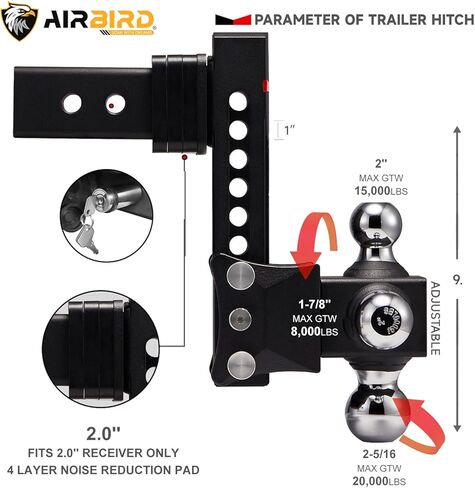 حامل كرة وصلة مقطورة قابل للتعديل من Airbird مع كرة ثلاثية 1-7/8 و2 بوصة و2-5/16 بوصة، قطرة 5 بوصة، تناسب فقط جهاز استقبال وصلة ربط 2.5 بوصة، 20,000 رطل GTW - 722505-3B... in Kuwait