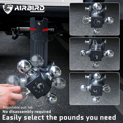 حامل كرة وصلة مقطورة قابل للتعديل من Airbird مع كرة ثلاثية 1-7/8 و2 بوصة و2-5/16 بوصة، قطرة 5 بوصة، تناسب فقط جهاز استقبال وصلة ربط 2.5 بوصة، 20,000 رطل GTW - 722505-3B... in Kuwait