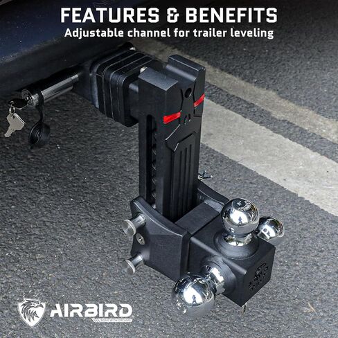 حامل كرة وصلة مقطورة قابل للتعديل من Airbird مع كرة ثلاثية 1-7/8 و2 بوصة و2-5/16 بوصة، قطرة 5 بوصة، تناسب فقط جهاز استقبال وصلة ربط 2.5 بوصة، 20,000 رطل GTW - 722505-3B... in Kuwait