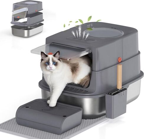 XXL Stainless Steel Covered Cat Litter Box with Lid – Extra Large Enclosed Metal Litter Box for Big Cats, Leak-Proof, Odor Control, Top Exit, Scoop, Pedal & Non-Slip Mat, Easy to Clean in Saudi Arabia