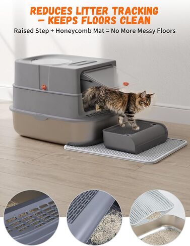 XXL Stainless Steel Covered Cat Litter Box with Lid – Extra Large Enclosed Metal Litter Box for Big Cats, Leak-Proof, Odor Control, Top Exit, Scoop, Pedal & Non-Slip Mat, Easy to Clean in Saudi Arabia