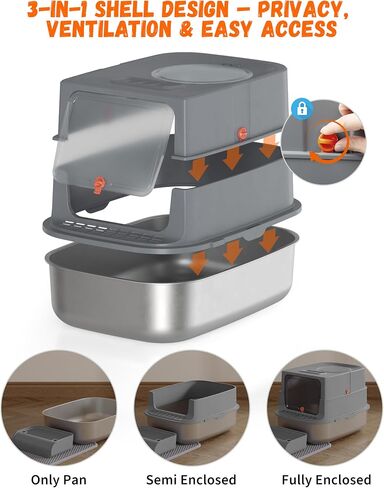 XXL Stainless Steel Covered Cat Litter Box with Lid – Extra Large Enclosed Metal Litter Box for Big Cats, Leak-Proof, Odor Control, Top Exit, Scoop, Pedal & Non-Slip Mat, Easy to Clean in Saudi Arabia