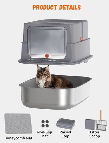 XXL Stainless Steel Covered Cat Litter Box with Lid – Extra Large Enclosed Metal Litter Box for Big Cats, Leak-Proof, Odor Control, Top Exit, Scoop, Pedal & Non-Slip Mat, Easy to Clean in Saudi Arabia