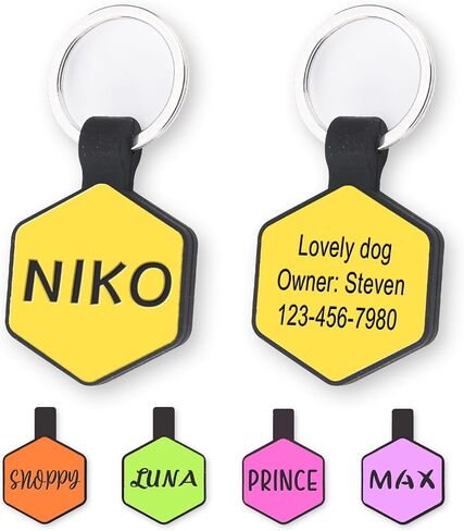Personalized Engraved Silicone Dog Tags, Custom Pet ID Tags for Cats and Dogs, Engraved Silent Name Phone Address Tag, Clear Without Noise Silicone Tags for Large Small Pets（Hexagon Mix 3） in Kuwait