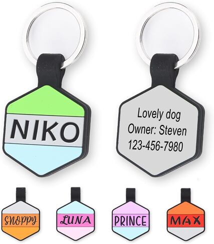 Personalized Engraved Silicone Dog Tags, Custom Pet ID Tags for Cats and Dogs, Engraved Silent Name Phone Address Tag, Clear Without Noise Silicone Tags for Large Small Pets（Hexagon Mix 3） in Kuwait