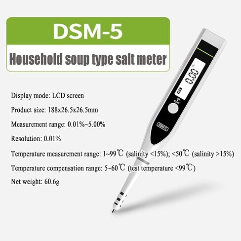 Salt Tester, Digital Pen Type Salinity Meter, LCD Backlight Display, 3s Display Results, Temperature Resolution 0.1℃, Can Measure 99℃ High Temperatures, for Home Soup Brine, Aquatic Products in Kuwait