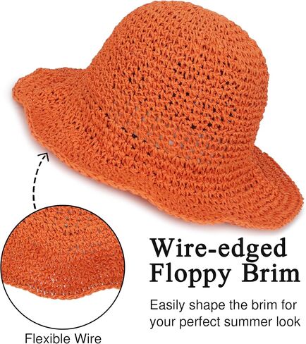 Womens Crochet Straw Sun Hat Foldable Floppy Wide Brim Beach Hat for Summer in Kuwait