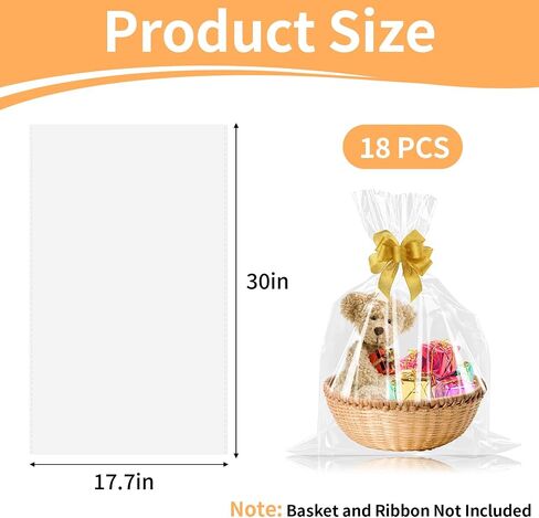 Coidea 18 PCS أكياس السيلوفان الكبيرة لسلال الهدايا لف البلاستيك ، ولف سلة هدايا 17.7 "× 30" ، ولف شفاف للسيلوفان لعيد الميلاد ، وحفلات الزفاف ، وحمامات زفاف ، وإعطاء الهدايا (الشريط غير المدرج) in Kuwait