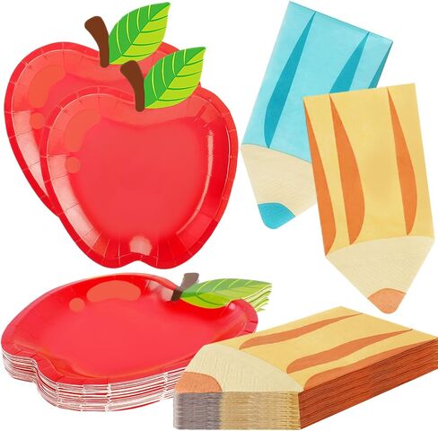 OuMuaMua 50Pcs Back to School Red Apple Paper Plates Pencil Napkins First Day of School Party Supplies Disposable Tableware Set for Graduation Kindergarten Preschool Party Table Decor Serve 25 in Kuwait