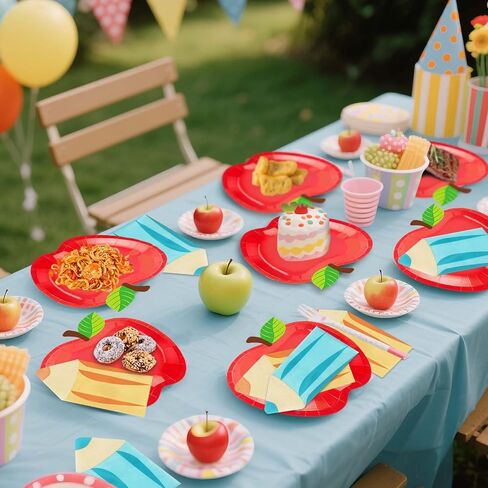 OuMuaMua 50Pcs Back to School Red Apple Paper Plates Pencil Napkins First Day of School Party Supplies Disposable Tableware Set for Graduation Kindergarten Preschool Party Table Decor Serve 25 in Kuwait