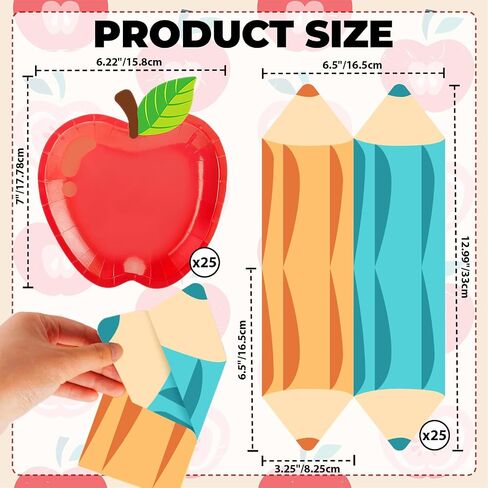 OuMuaMua 50Pcs Back to School Red Apple Paper Plates Pencil Napkins First Day of School Party Supplies Disposable Tableware Set for Graduation Kindergarten Preschool Party Table Decor Serve 25 in Kuwait
