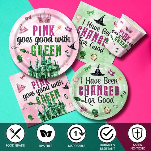 120pcs Witch Birthday Party Supplies Pink Going Going Going Goes Goes Goes Grow Green Plates Fackins يمكن التخلص منها في أدوات المائدة. in Kuwait