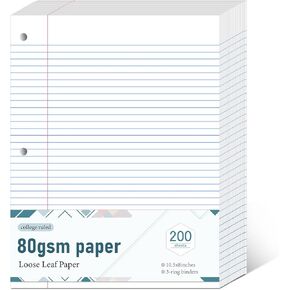 Loose Leaf Paper, 80gsm Thickened Lined Notebook Paper College Ruled, 8" x 10.5" 3 Hole Punch Filler Binder Paper, 200 Sheets, Office School Supplies, White