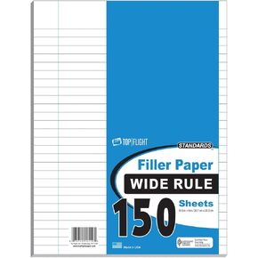 Top Flight Filler Paper, 10.5 x 8 Inches, Wide Rule, 150 Sheets (12119)