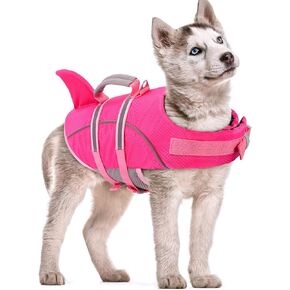 AOFITEE Large Dog Life Jacket, Shark Fin Dog Life Vest for Swimming Boating, Reflective Swimming Vest with Rescue Handle, Adjustable Large Pet Preserver for French Bulldog (HotPink L)