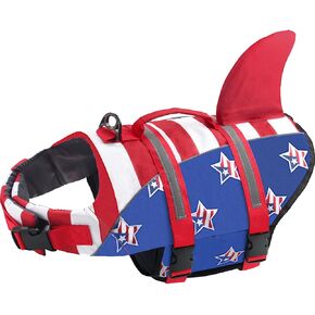 Dog Life Jacket, American Flag Ripstop Shark Dog Life Vest for Swimming & Boating, High Buoyancy Reflective Pet Vest with Rescue Handle, for X-Small/Medium/Large/X-Large Dogs (USA Flag, XL)