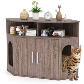 PETSITE Corner Cat Litter Box Enclosure, Modern Hidden Litter Box with 2 Entrances, Double Doors, Open Compartments, Grey-Brown
