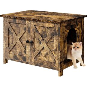 Shintenchi Cat Littler Box Enclosure, Litter Box Furniture Hidden with Removable Divider, Cat House with End Table, Brown