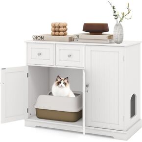 PETSITE White Cat Litter Box Enclosure, Modern Hidden Litter Box Furniture Side Cabinet with 2 Drawers, 3 Doors, and Anti-toppling Devices, Ideal for Indoor Cats, 40 x 18 x 31.5 Inches