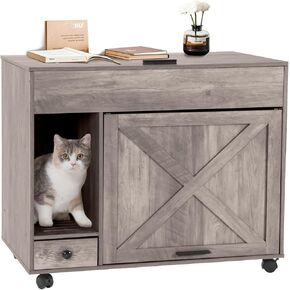 GUTINNEEN Litter Box Enclosure, Hidden Cat Litter Box Furniture, Wooden Cat Washroom Cabinet with Large Storage and Drawer 31.5" L