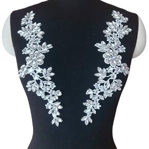 Lace Costumes Beaded Appliques Patches White Glass Rhinestones Crystals Designer DIY Garment Sewing Stage Dance Wear Wedding Party Dresses Accessories Crafts 1 Pair, ymal-h-0401