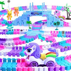 Tracks Car Toys Set for 2 3 4 5 6 7 Year Girl Toddler, 248 PCS Pink Magic Bendable Race Track Toy with 2 Unicorn Car Toy and 1 Pink Train, Birthday Gift Idea for Kid