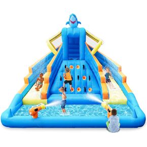 Inflatable Water Slide, 13FT Shark-Themed Large Bounce House with Dual Slides, Climbing Wall, Deep Pool, Water Cannon, 680W Blower, Storage Bag, Backyard Blow Up Water Park for Kids Aged 3–10