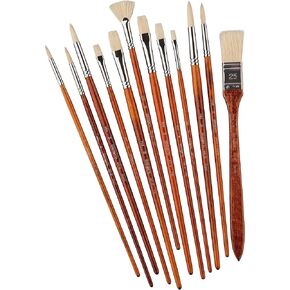 Kingart Pro Long Montern Natural Hog Bristle Bristle ، واللوحة الزيتية والأكريليك ، وعلبة التخزين ، ومجموعة من 12