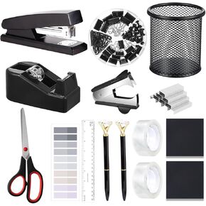 Office Supplies Set,Desk Accessories,Stapler and Tape Dispenser Set,1000 Staples,Staple Remover,Hinder Clips,Scissor,Index Tabs,Clear Tape,Ballpoint Pen,Coworkers(Pink)