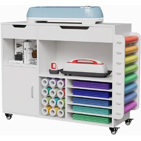 Craft organization and storage Cart Compatible with Cricut Machine, Rolling Craft Organizer With lDual Drawers & Cabinet Door, Vinyl Roll Holder, and Spacious Compartments, Ideal Crafting Workstation