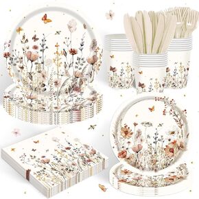 120 Pieces of Wildflower Party Decorations Autumn Flowers Baby Bath Birthday Decorations Including Plates, Cups, Napkins, Tableware for Wildflower Baby Bath Tea Decorations, 20 servings
