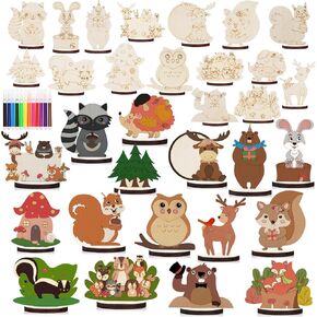 GUDELAK 16 PCS Woodland Animals Craft Kits for Kids, DIY Unfinished Wooden Art and Crafts for Kids Ages 4-8 8-12 with Color Pen, Wood Toddler Crafts DIY Kits for Centerpiece Table Decorations