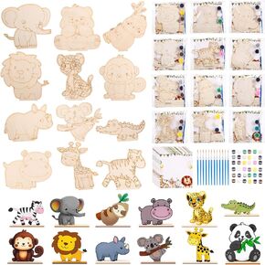 Halloscume 24 Set Safari Party Favors Jungle Craft Kits Party Supplies Safari Jungle Wooden Painting Kit Wooden Coloring Crafts Table Centerpiece Wild Animals Birthday Goodie Bags Gifts Prize