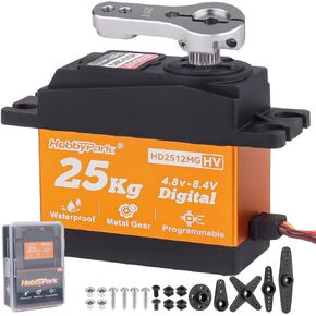 Hobbypark 25kg عزم الدوران RC Servo مقاوم للماء التروس المعدنية الكاملة توجيه المؤازرة لمدة 1/8 ، 1/10 ، 1/12 RC شاحنات الشاحنات زحف روبوتية مع 25T Servo Horn 180 ° درجة 8.4V HV (25 كجم عزم الدوران)