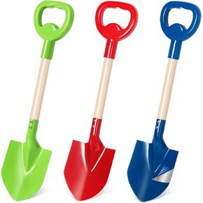 Dsmile 3 Pcs Beach Shovel Toy for Kids Digging 16" Long Metal Sand Shovel Sandbox,Sturdy Wooden Handle Metal Spade for Boy Girl, Travel Beach Toy Summer Fun Birthday