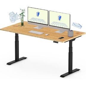 FLEXISPOT E6 Pro Oval Leg Dual Motor 3 Stages Bamboo Electric Standing Desk 55x28 Inch Whole-Piece Board Height Adjustable Electric Sit Stand Up Desk (Black Frame + Bamboo Desktop)