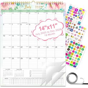 Gannyfer Wall Calendar 2025-2026, 18 Month Floral Calendar 2025 from July 2025 to December 2026, Hanging Spiral Bound Magnetic Fridge Desk Calendars 14" x 11", Perfect for Home School Office (3 Stickers Included)