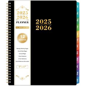 2025-2026 Academic Planner - Academic Planner 2025-2026, Jul.2025 - Jun.2026, 9"x11", Weekly and Monthly Planner with Colorful Sticky Tabs + Class Schedules + Contacts + Twin-Wire Binding - Black